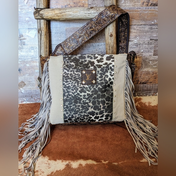 L. V. Inspired Fringed Handbag With Guitar Strap & Fringe - Picture 2 of 16